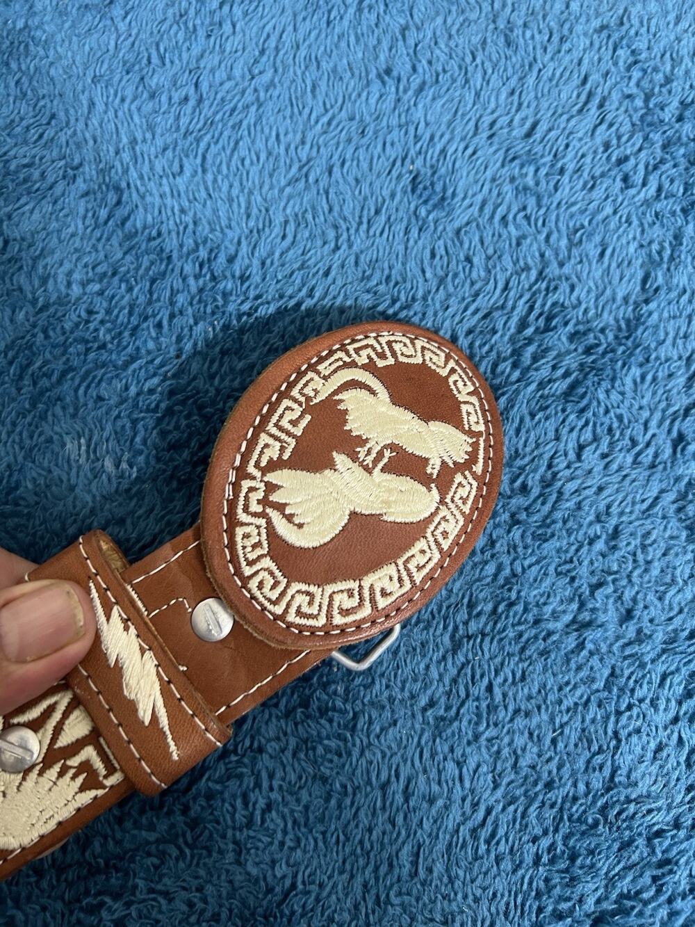 Mexican Piteado Embroidered Leather Belt Rooster Gallo Western Charro Miel